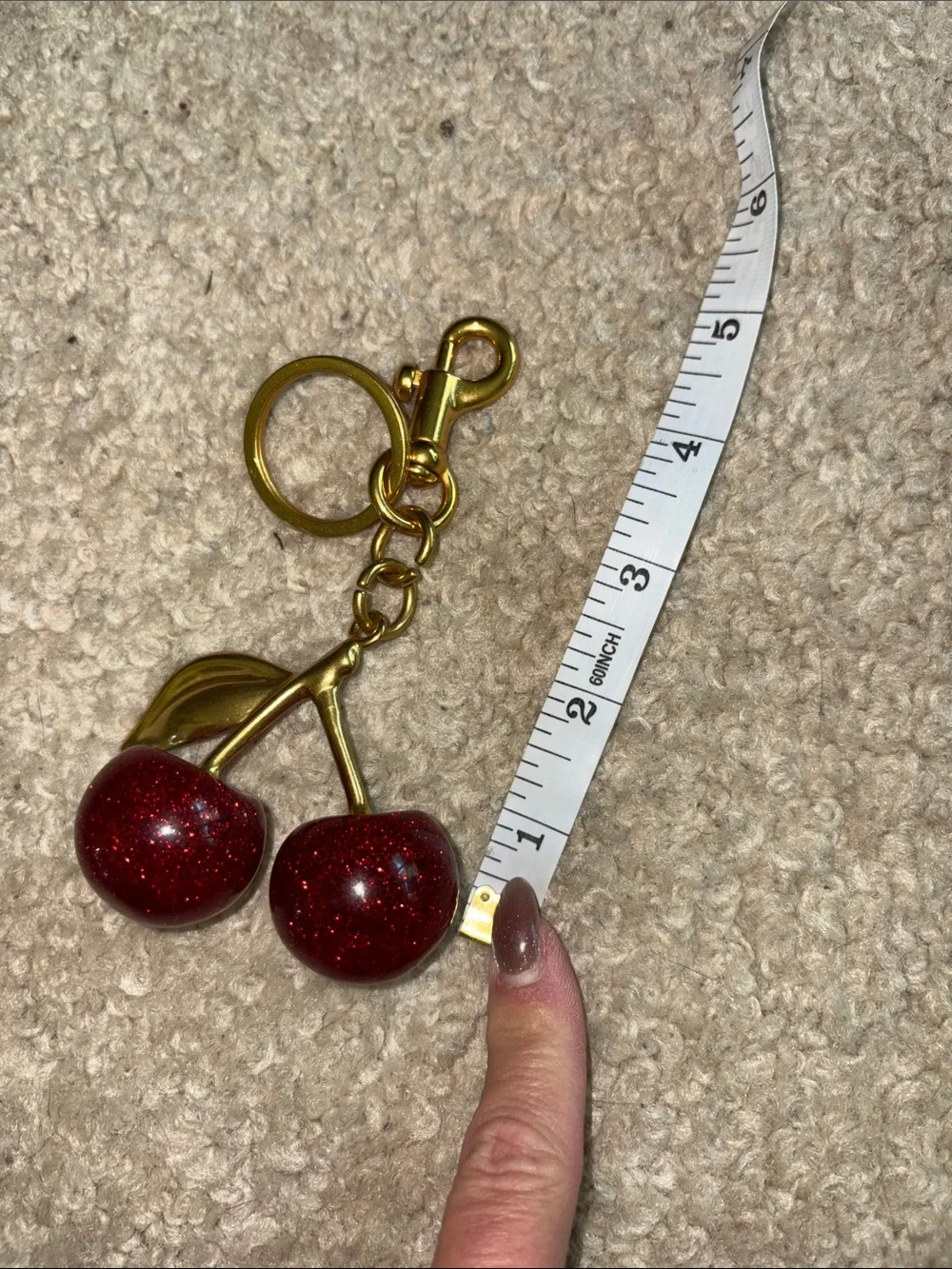 Gold-Tone Cherry Keychain with Red Glitter Cherries